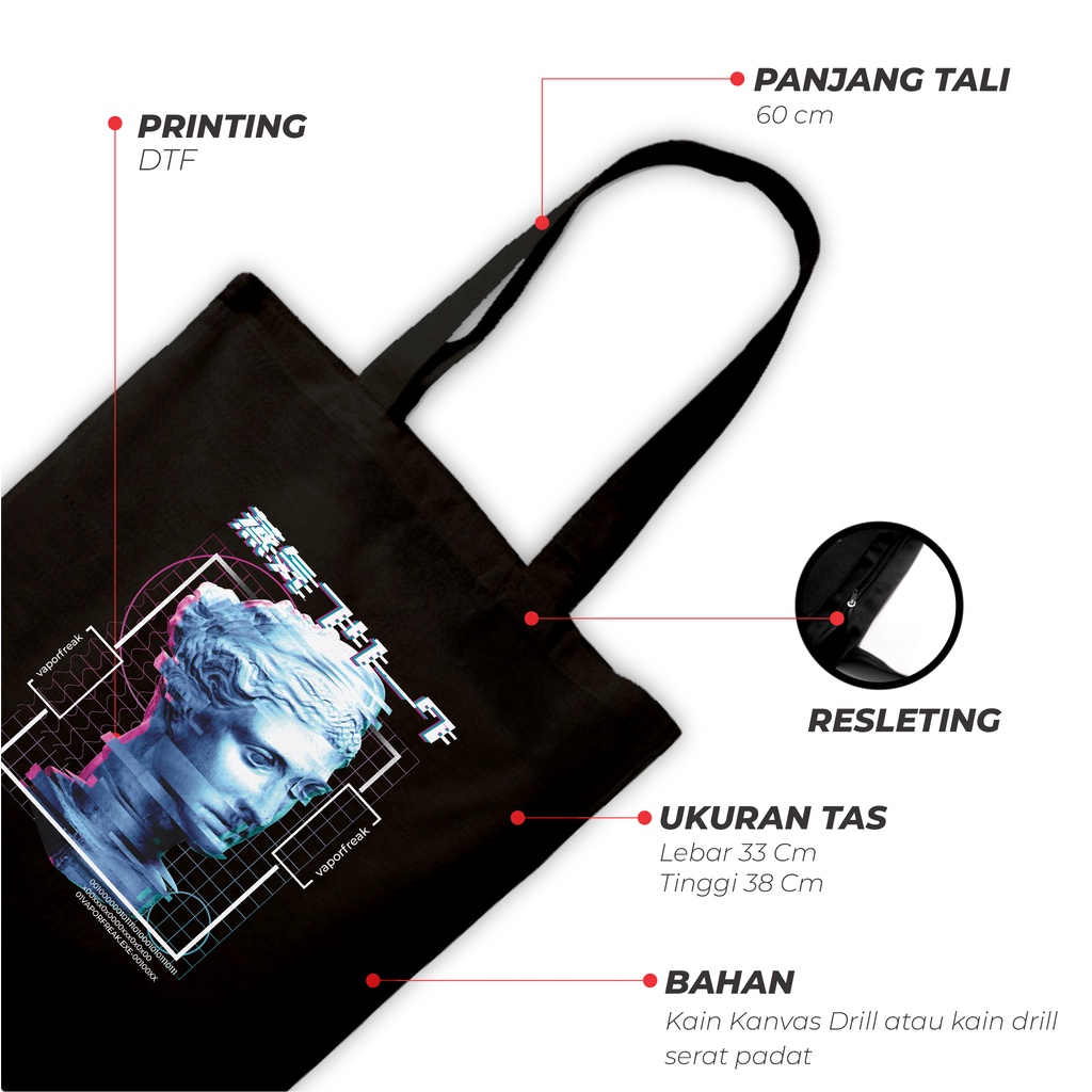 Sevine Totebag Fashion Tas Tote Bag Hitam Resleting Pria Wanita Laptop Kuliah Retro Vaporwave - HVW3