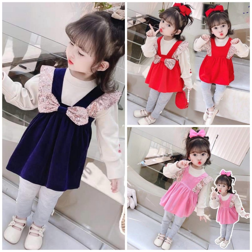 Setelan Anak Perempuan Outer Flower Sequin  Set 3in1 (baju, outer, celana)