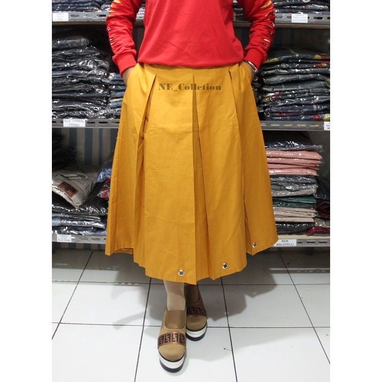 Rok Wanita Bahan Katun Tebal Model Rempel Panjang Rok 7/8 Warna Kuning Mustard