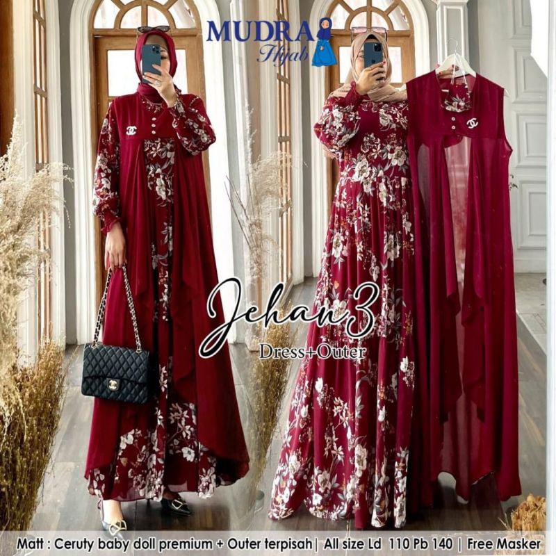 JEHAN DRESS #3, CANTIK DAN ANGGUN ORIGINAL MUDRA HIJAB, CERUTY BABYDOLL PREMIUM FULL FURING, OUTER T