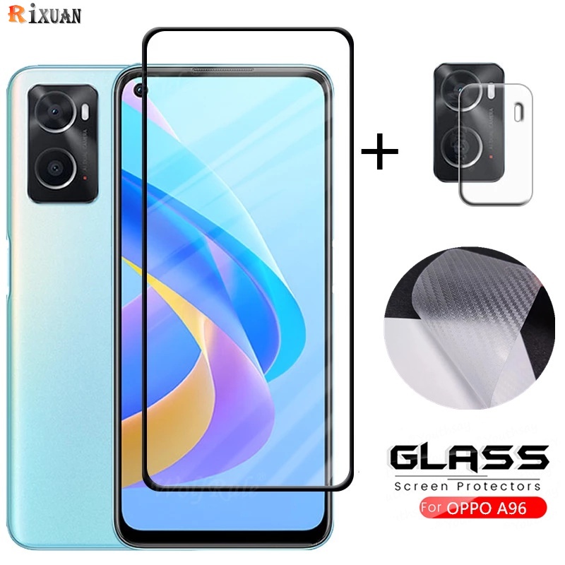 3-in-1 Tempered Glass Screen Protector Untuk OPPO A17 A57 A96 A95 A55 A76 A16 A15 A54 A74 A92 A52 A53 A12 A31 A5S A3S F11 F9 A83 F1S Reno7 6 5F 4F 2F Lensa Film Stiker Belakang Rixuan