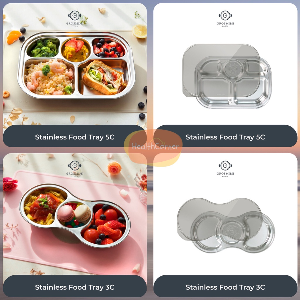 Grosmimi Stainless Baby Food Tray Piring Mangkok Tempat Mpasi Makan Sekat Makan STAINLESS Anak Kids FOOD GRADE (Include Cover)