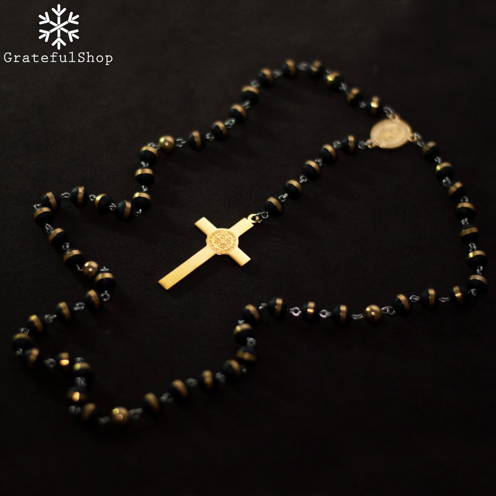 Grateful - Kalung Black Gold Rosario / Necklace Cross hitam EMAS Kalung SALIB stainless steel + ANTI