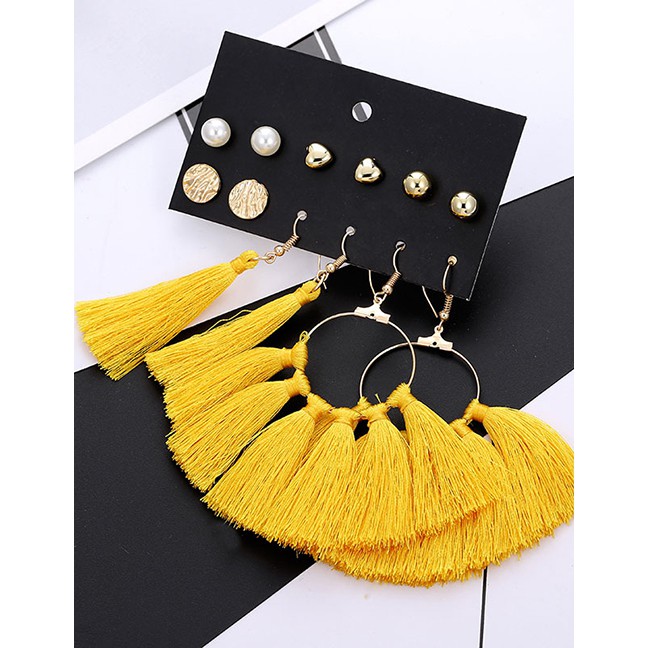 LRC Anting Set Fashion Yellow 6 Pairs Of Fan-shaped Fringed Pearl Heart-shaped Earrings F37653