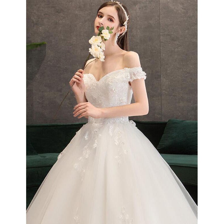 Fashion Wanita Bridal Putih Off Shoulder Renda Berlian Pernikahan Gaun Bridal Ball Gown