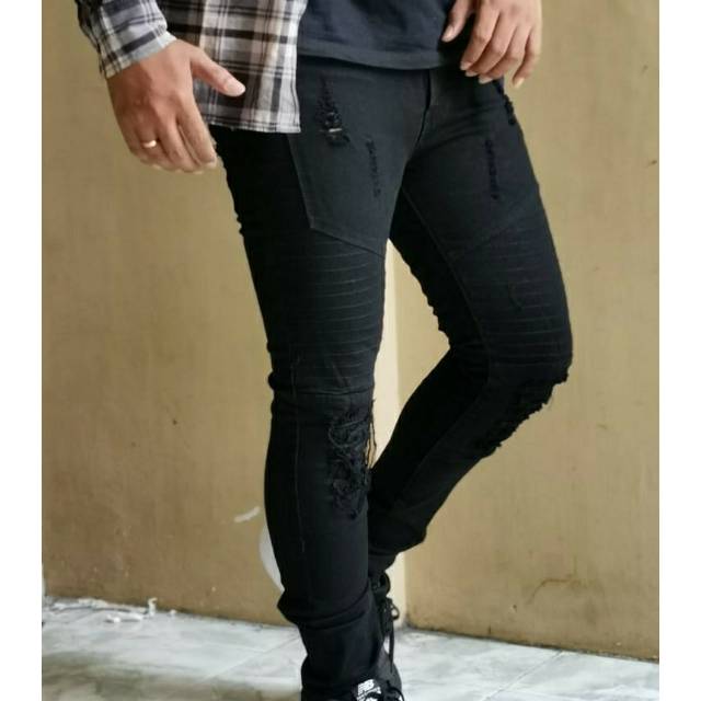 Celana jeans pria ripped jeans hitam sobek skinny street