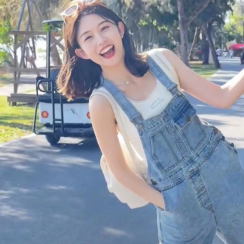 Tren awal musim gugur versi Korea dari overall denim kasual kecil baru tren celana one-piece wide-le