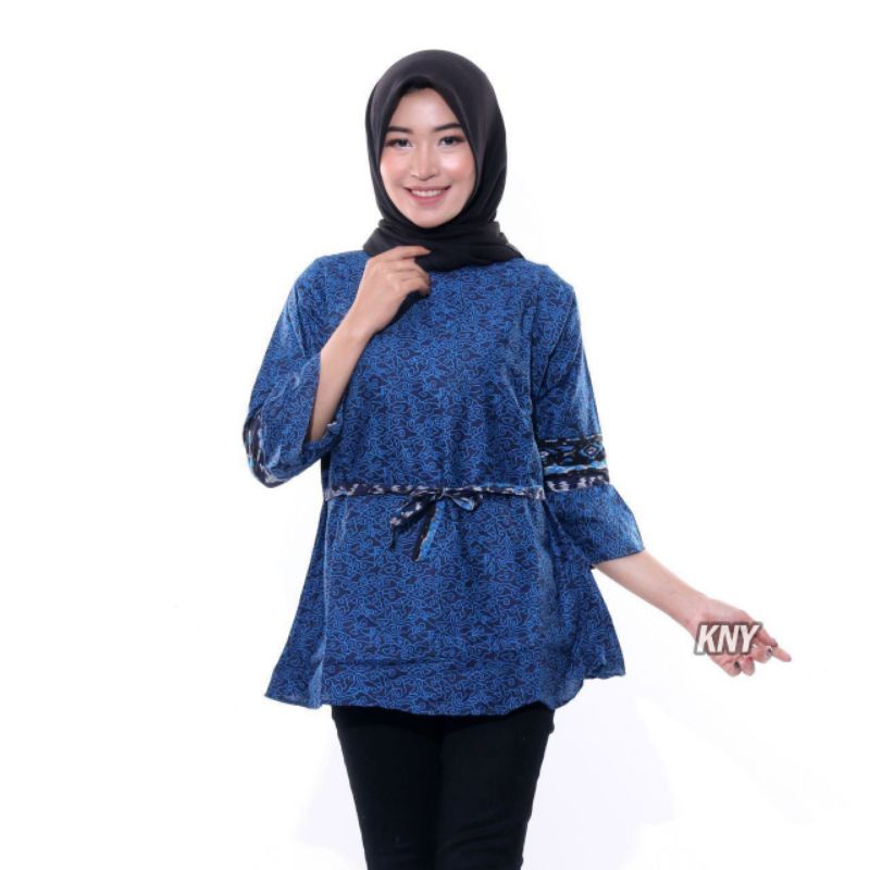 Batik wanita ASJ SA HRB026 Kenongo Kemeja Tosca Pendek-Mega mendung biru