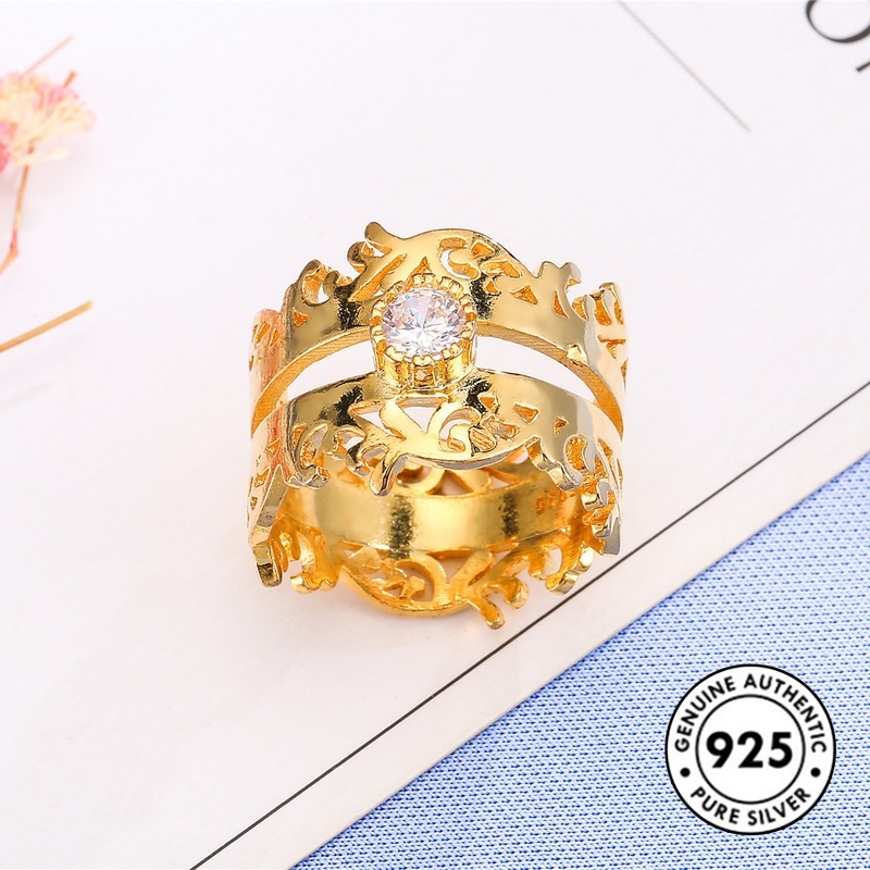 Cincin Desain Mahkota Aksen Berlian Bahan S925 Silver Gaya Retro Untuk Wanita