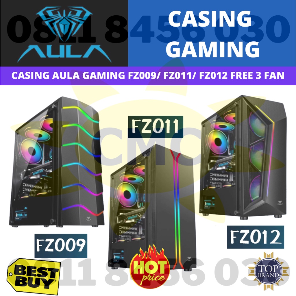 Casing AULA FZ009 FZ011 FZ012 Tempered Glass Mid ATX Tower Gaming Case Free 3 Fan