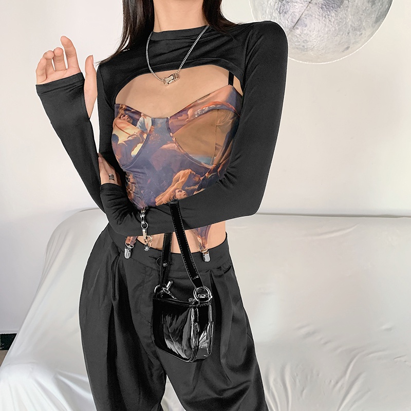 [✅BISA COD]  #Sisjuly# Lengan Panjang Kerah Bulat Wanita Retro Lukisan Minyak Gaya Tidak Teratur Budidaya Diri Selempang Kecil Word Neck Slim Fit Cropped Tank Top Set Dua Potong