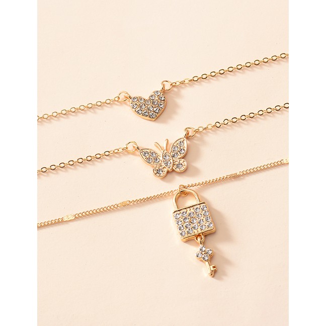 LRC Kalung Fashion Gold Color Alloy Multilayer Diamond Key Lock P82899