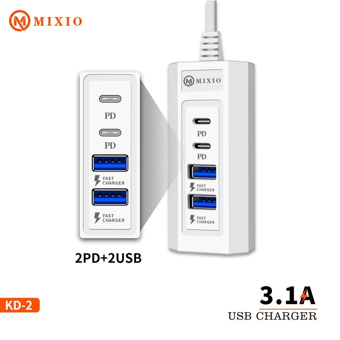 MIXIO KD-12 - Power Socket USB Charger 3.1A 2PD + 2USB / 100CM