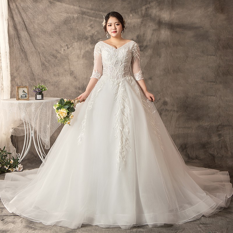 Gaun Pengantin 1908002 Big SizePutih Lengan Siku Ekor Wedding Dress Gown