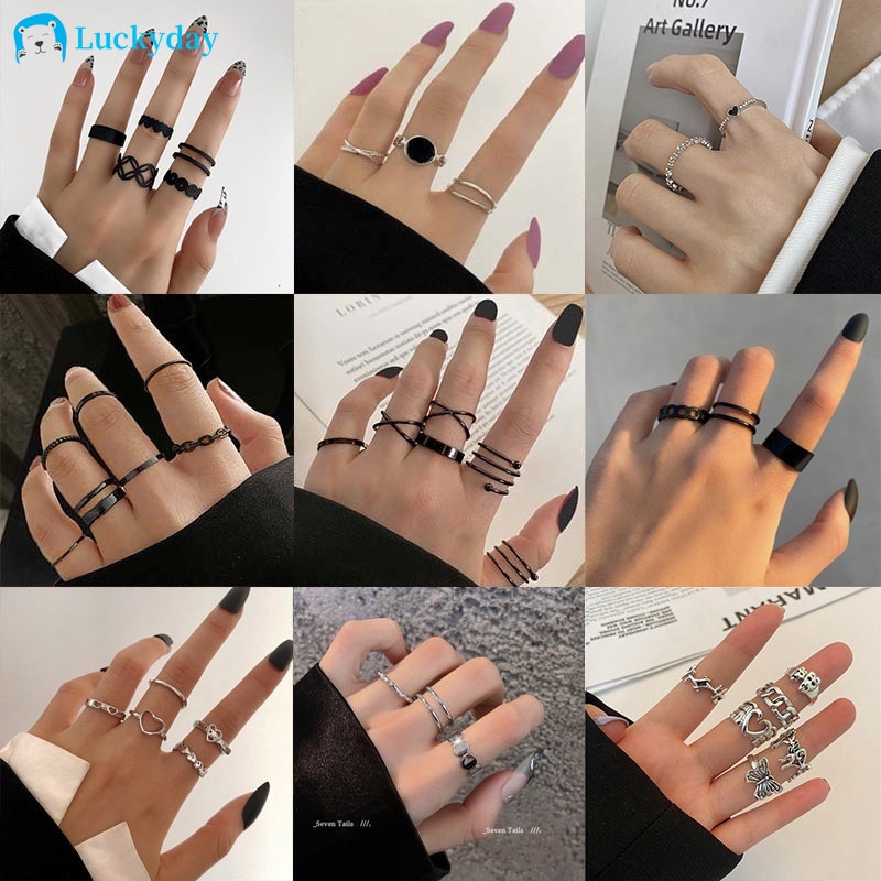 YEEZII 8pcs / Set Cincin Model Terbuka Desain Kupu-Kupu Hati Batu Hitam Emas Perak Dapat Disesuaikan Gaya Retro Untuk Wanita