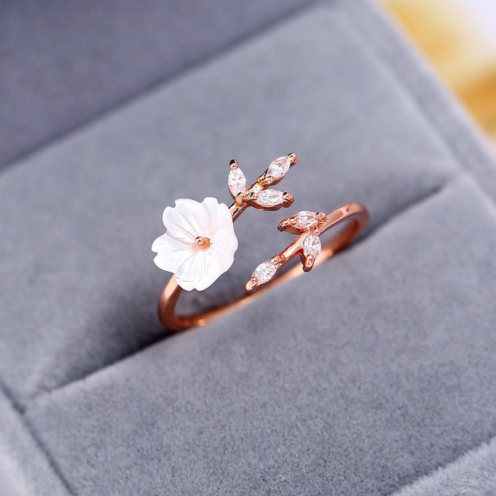 Needway Cincin Terbuka Daun Rose Gold Putih Zircon Shell