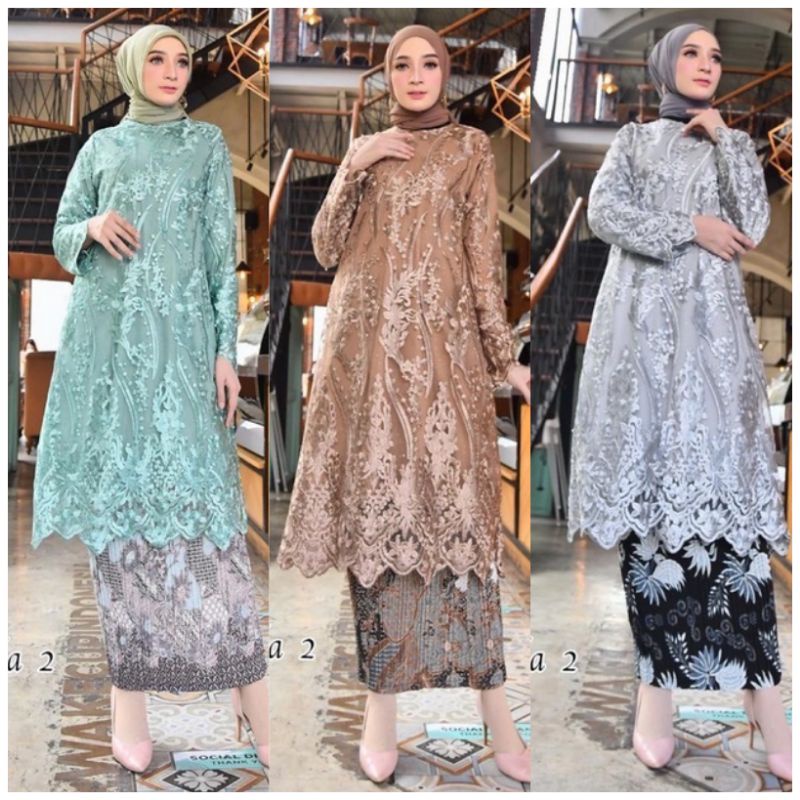 Setelan Kebaya Tunik Kurung Brukat Ld 130 Panjang Muslimah Baju Kondangan Wanita Kebaya Pesta Pernik