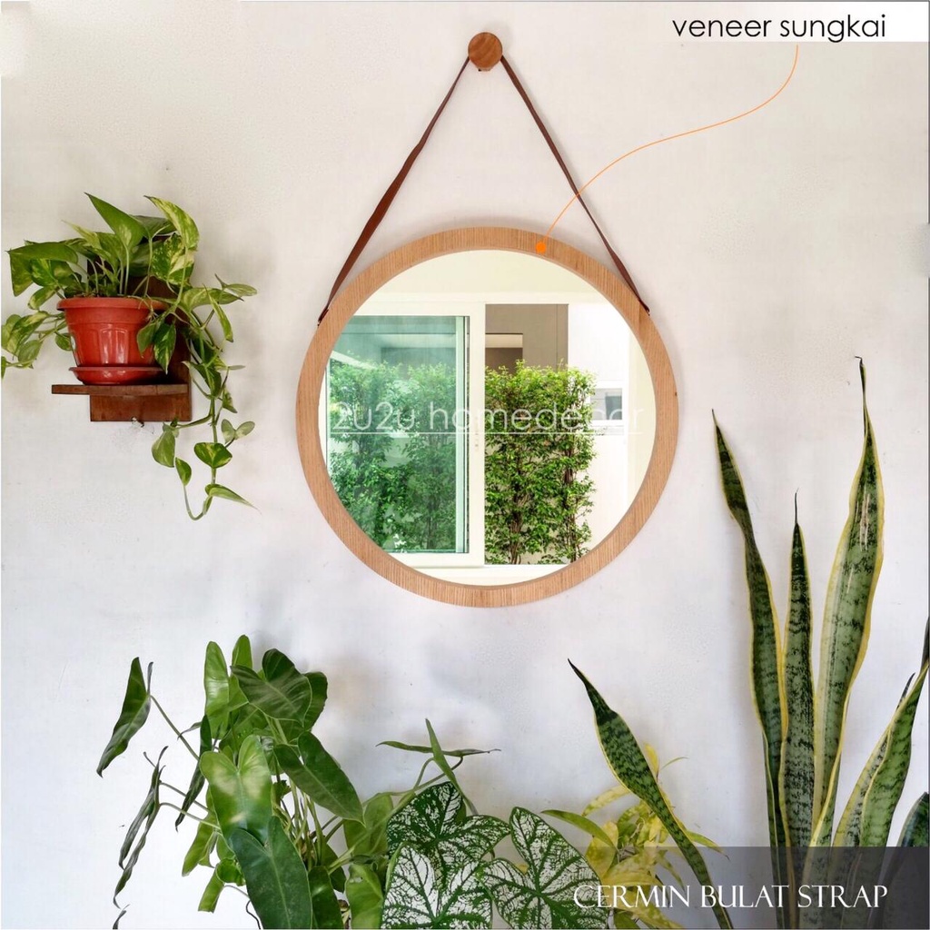 CERMIN BULAT VENEER SUNGKAI DAN VENEER MINDI DIAMETER 60 CM
