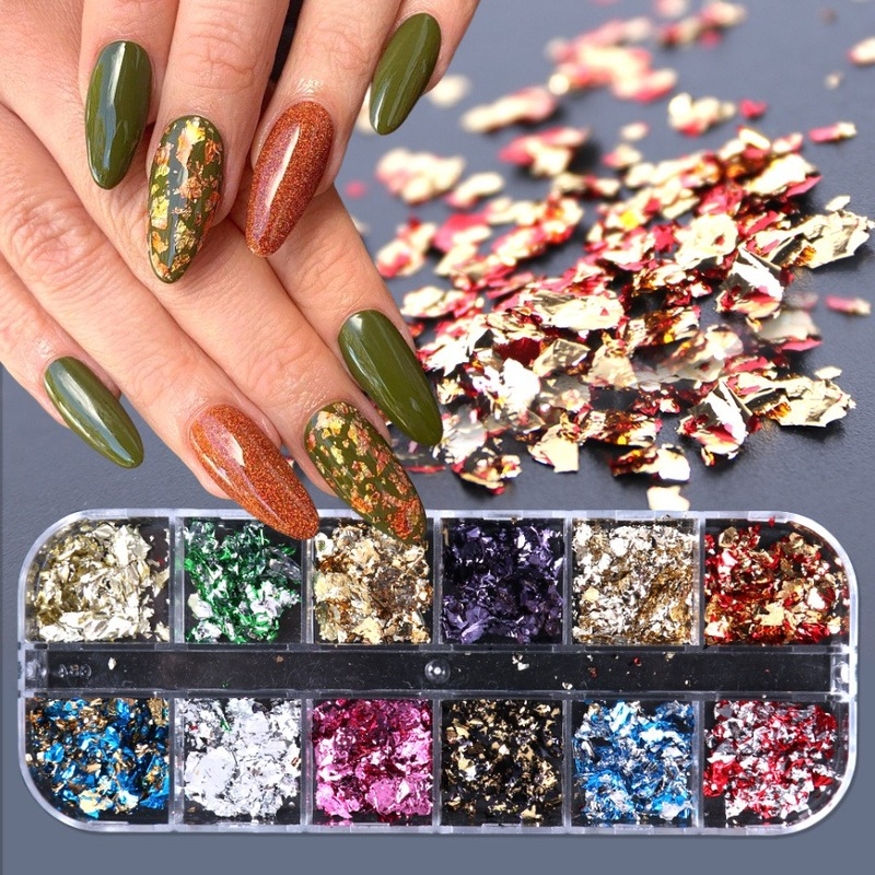 12 Warna / Pak Stiker Kuku Foil Emas Glitter Asimetris Untuk Aksesoris Nail Art / Manicure