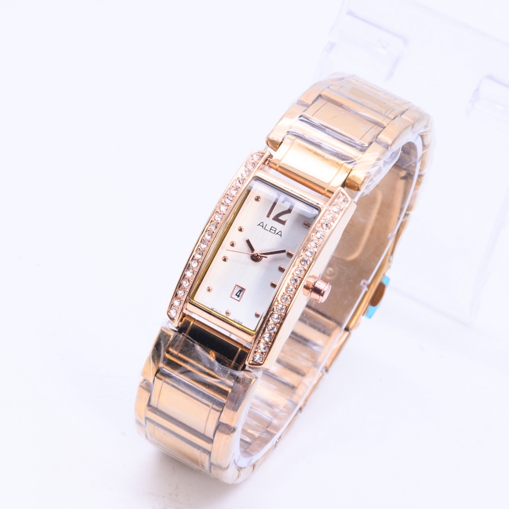 Jam Tangan Wanita Fashion Alba H2803B Tali Rantai Case Segi Tanggal Aktif Free Box &amp; Baterai