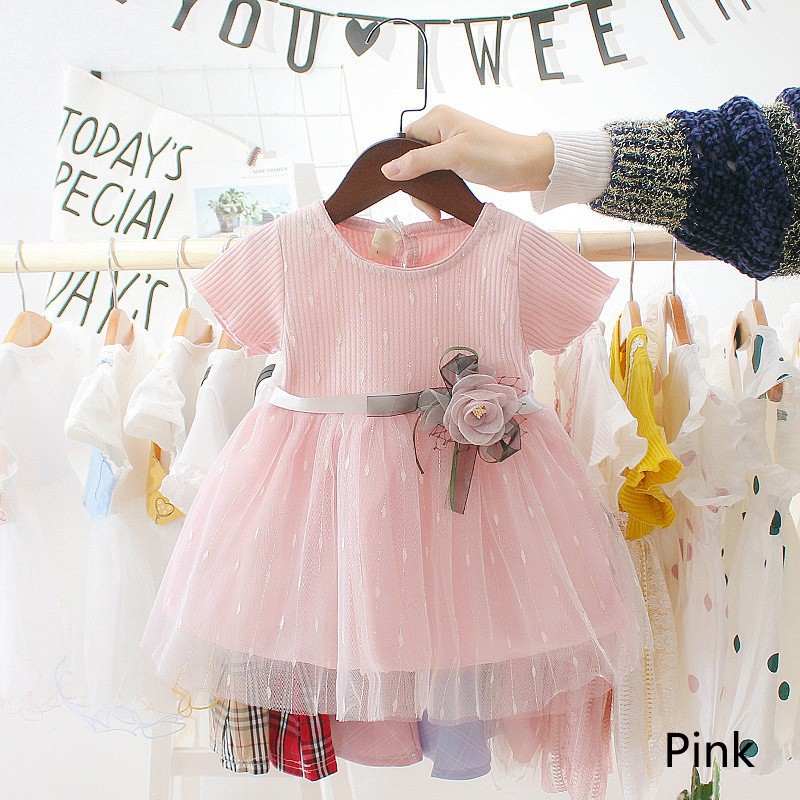 Dress Anak Import Baju Pesta Putri Motif Bunga Anak Perempuan Lengan Pendek Mesh 1 2 3 Tahun