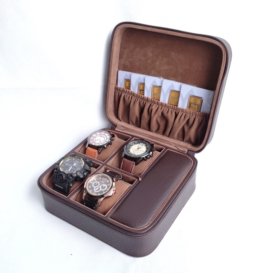 PORTABLE - 4 Slot Travel Watch Leather Mix Glasses / PROMO Kotak Tempat Jam Tangan Kulit JUMBO