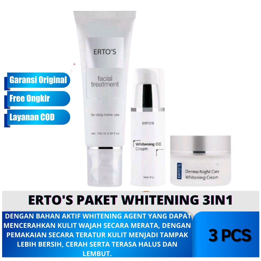 Ertos Paket Whitening Memutihkan Wajah ( Ertos Facial Treatment , Night Cream , CC Cream ) 3in1