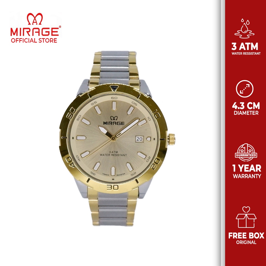 Mirage Original Jam Tangan Analog Pria Formal Mewah Silver Gold Anti Karat Garansi 1 Tahun 8758  M