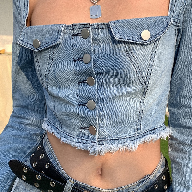 #Sisjuly#Produk baru Lisa Harajuku gaya scheming atasan wanita denim lengan panjang berongga