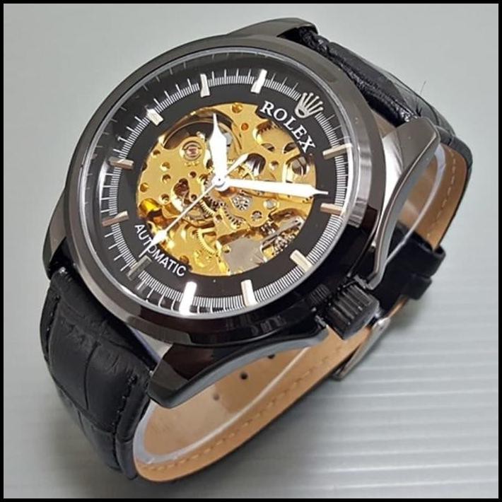 ASLI JAM TANGAN PRIA / COWOK ROLEX KULIT AUTOMATIC SKELETON BIG SIZE BLACK 