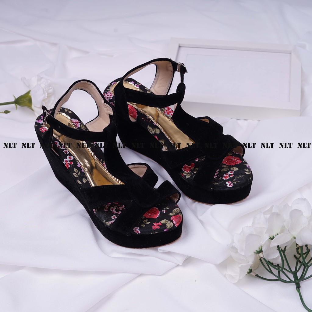 NunuLisaTan Wedges Wanita Pesta Santai Tali T-Strap TATAK BUNGA 7CM