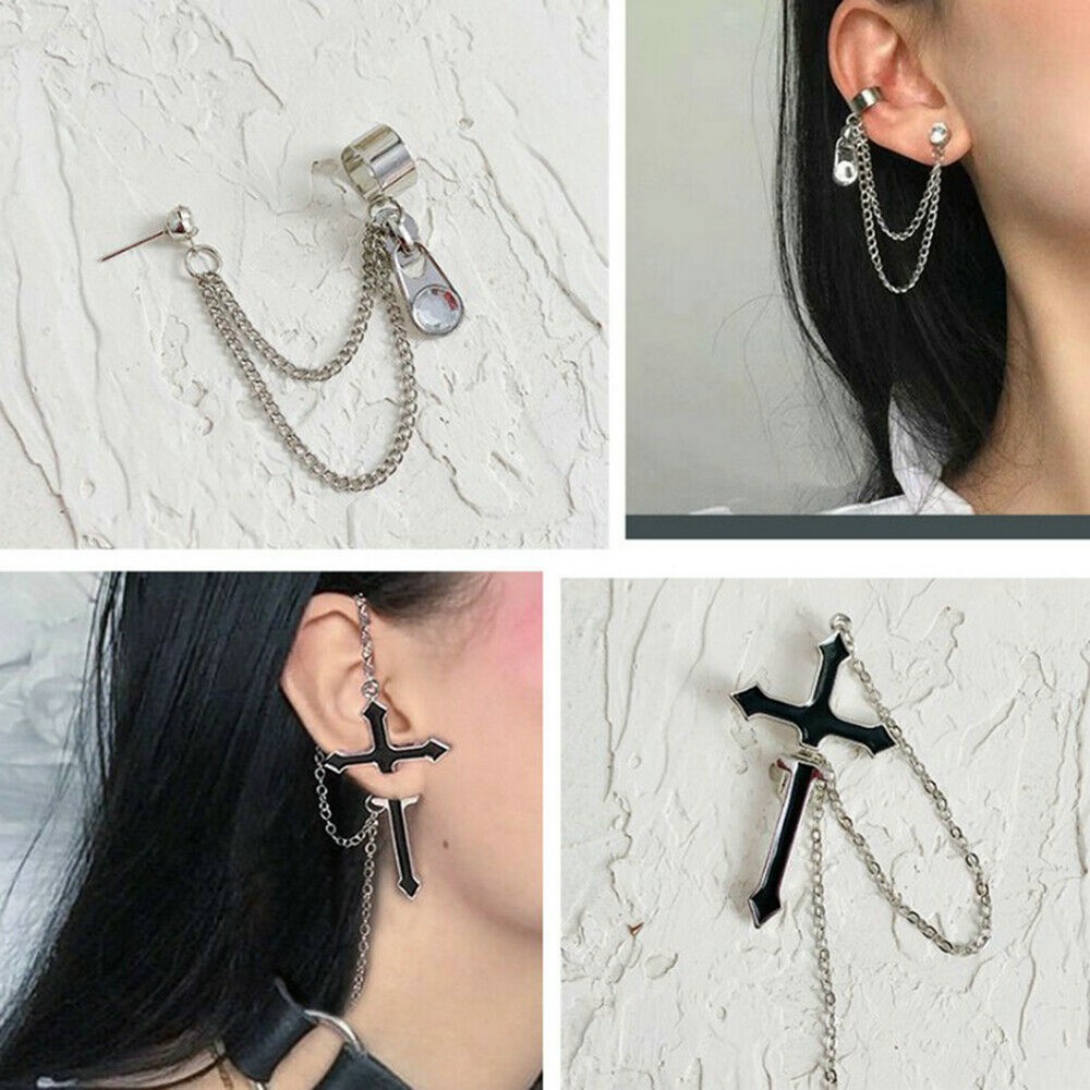 1 Pasang Anting Gantung Model Salib Dengan Resleting Untuk Wanita