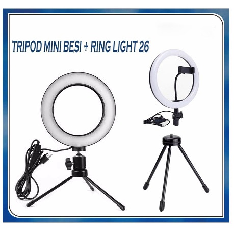 PAKET TRIPOD BESI MINI + LAMPU MAKEUP 26CM RING LIGHT Selfie 3Mode - +26 pack bubble