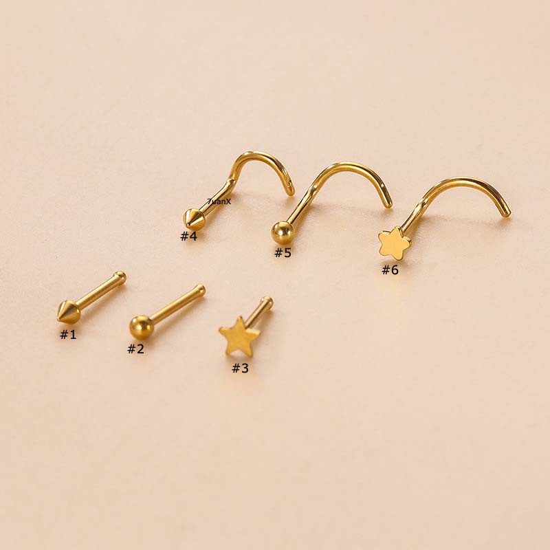 1pc Anting Tindik Hidung Mini Bentuk Kerucut / Bulat / Bintang Bahan Stainless Steel Hypoallergenic