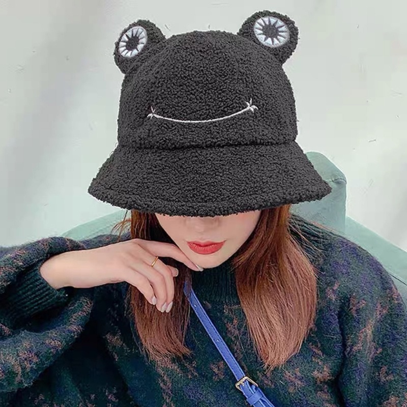 Topi Bucket Wanita Bahan Plush Hangat Untuk Musim Dingin