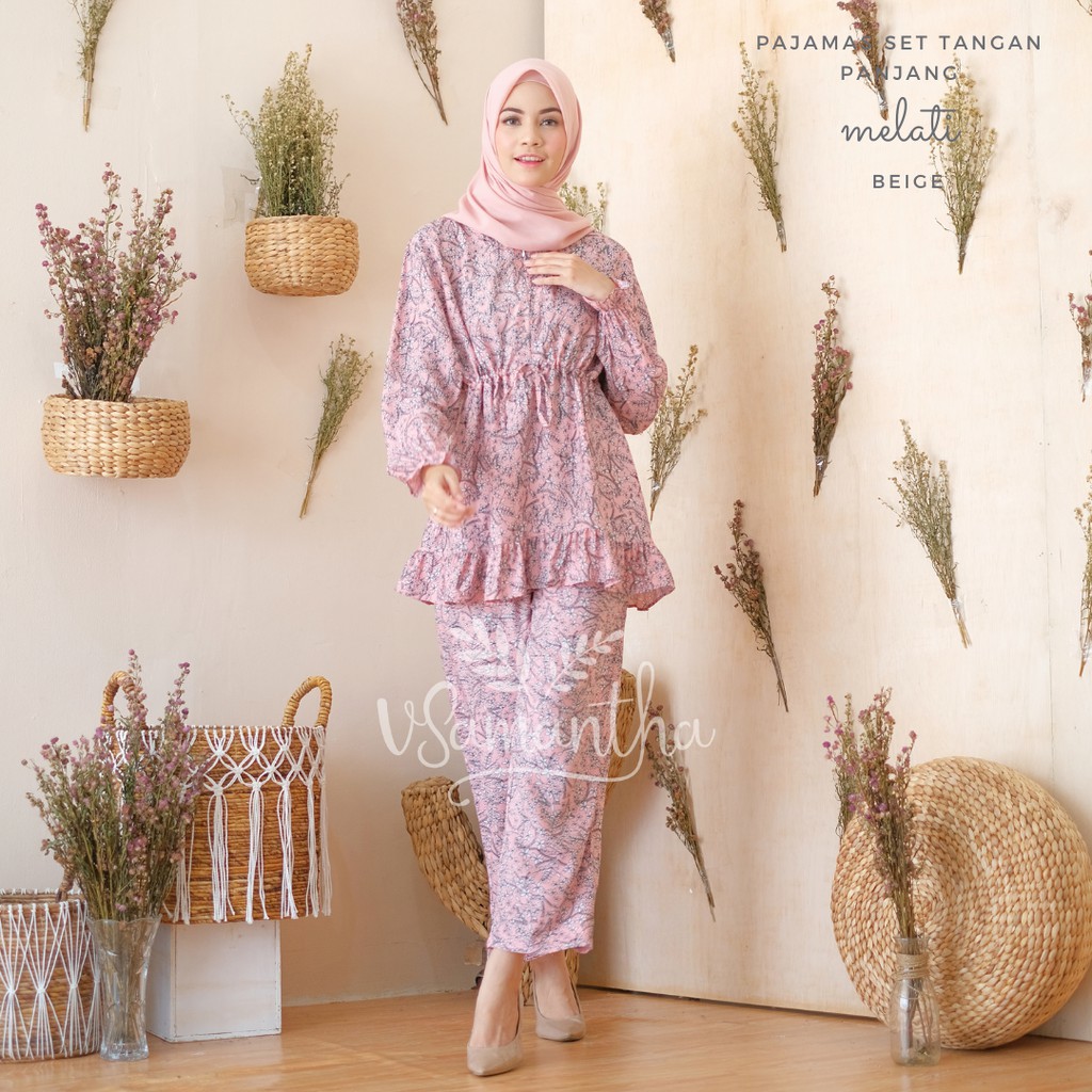 vSamantha - Pajamas Set / Piyama Set Muslim Rayon Rempel Busui Friendly - Tangan Panjang-Melati Beige