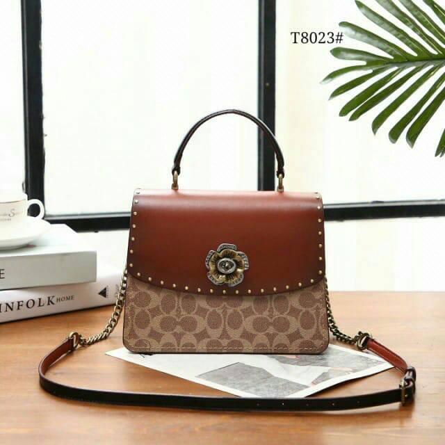 Tas Coach Parker Top Handle in Signature Canvas with Rivets Kulit Asli