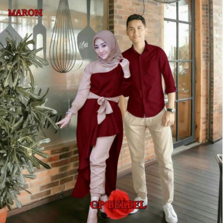 [COD] Zinia Couple Gamis Set Kemeja Setelan Baju Pasangan Muslim CP Tile Satin Kotak Premium Fashion