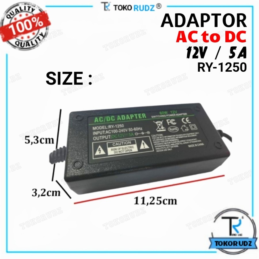 Adaptor 12V 5A 60W AC 220V to DC Charger CCTV Pompa Air DVR Lampu LED RY-1250