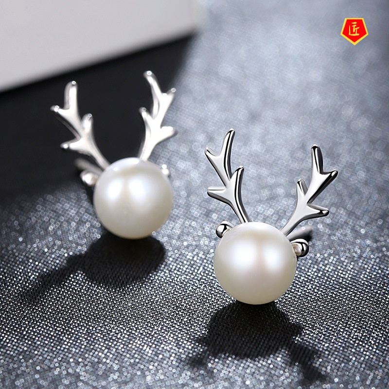 [Ready Stock]Silver Little Dear Pearl Earrings Female Graceful