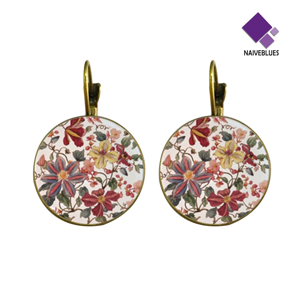 Anting Liontin Bulat Motif Print Bunga Gaya Vintage Untuk Wanita