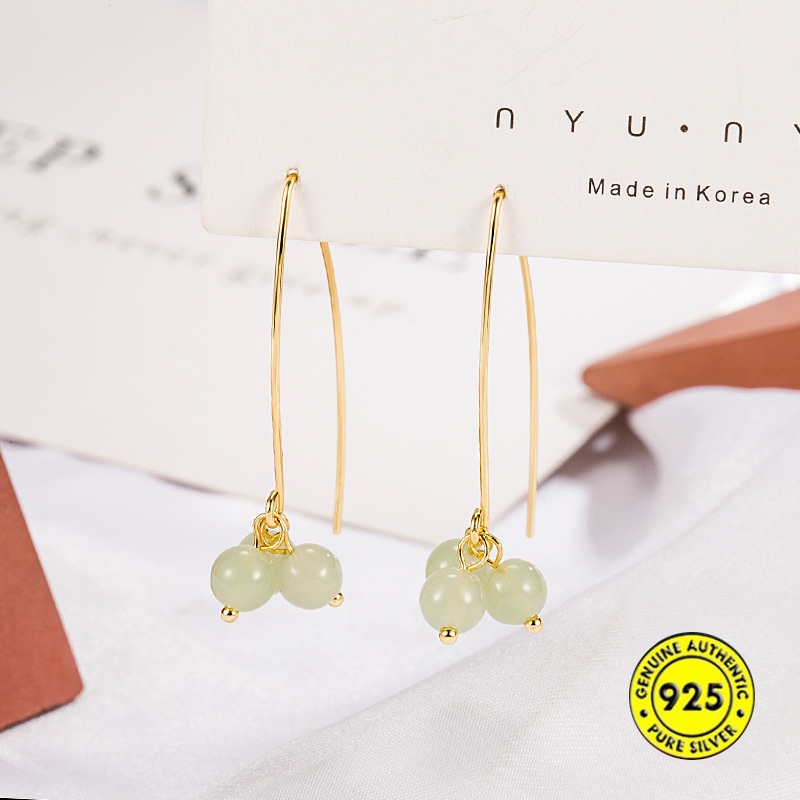 Anting Kait Gantung Batu Giok Jinfu Kuno 18K Untuk Wanita