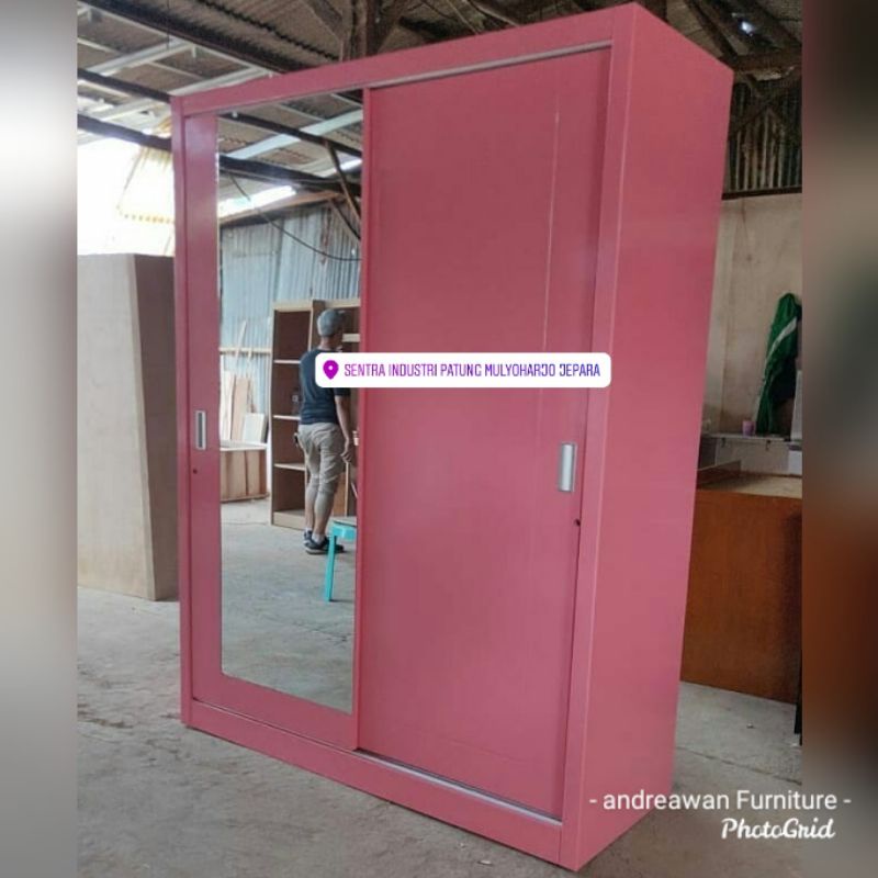 Lemari pintu sleding cat duco pink - lemari minimalis - lemari pakaian - lemari kaca cermin - lemari