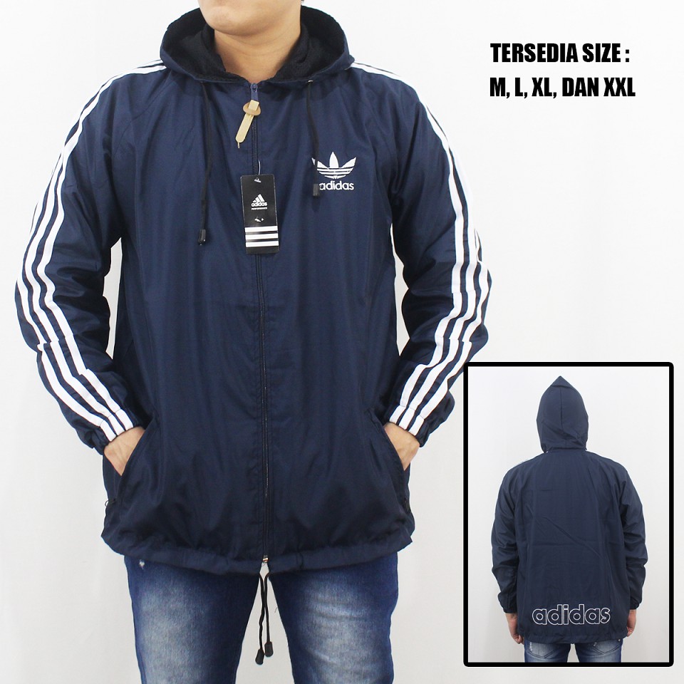 JAKET PARASUT ADIDAS WINDBREAKER NAVY LIST PUTIH - JAKET OLAH RAGA JUMBO XL XXL -  HOODIE PRIA