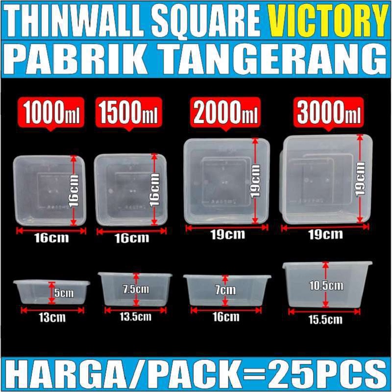 Jual Thinwall Sq 1000ml 1500ml 2000ml 3000ml Per Pack Kotak Makanan Square Plastik Shopee 9389