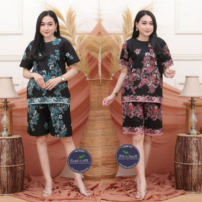 SET SETELAN BLOUSE LENGAN PENDEK CELANA PENDEK BATIK MOTIF SONGKET TENUN PRINT MODERN MURAH