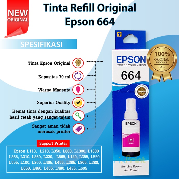 Tinta Epson Original 664 T664 Refill Printer L110 L120 L210 L220 L300 L310 L350 L355 L360 L365 L380