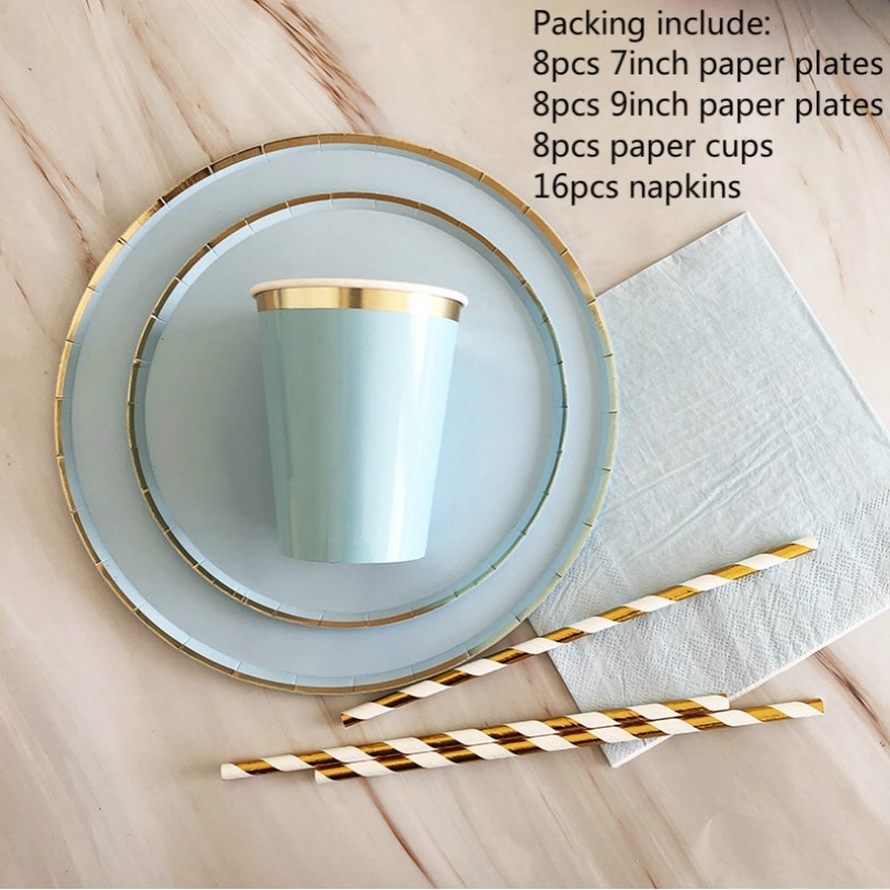 40Pcs/set Disposable Light Blue Bronzing Tableware Paper Dessert Dinner Plate for Festival Party Supplies