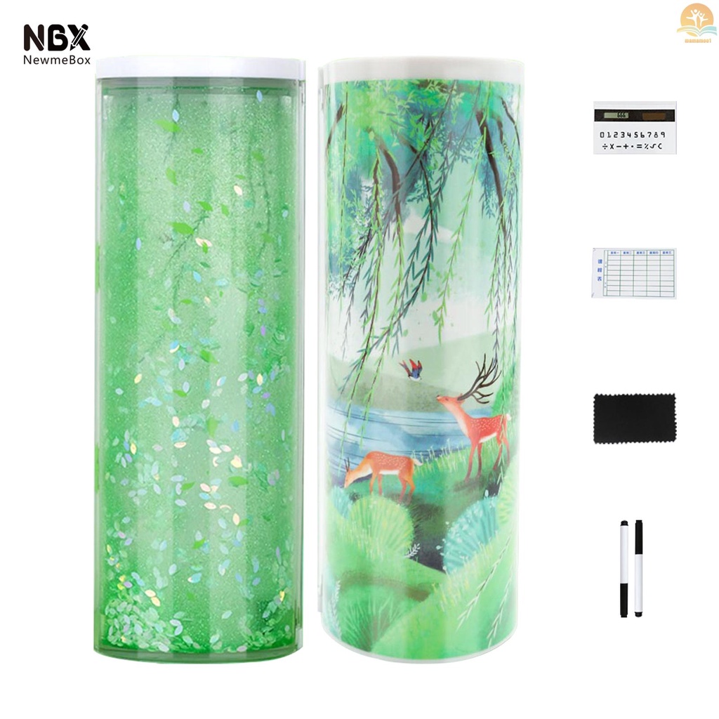 NBX Pencil Cases Multifunctional Standing Quicksand Pencil Case Organizer Double Layer   Cylindrical Cute Pen Bag Holder with Mirror Erasable Notepad Calculator Large Capacity   Storage Stationery Box for School Students Kids