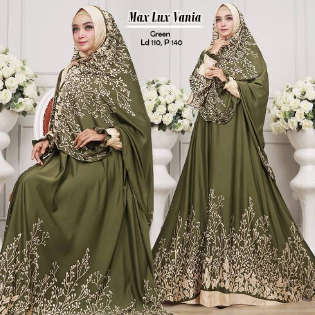 Vania syar'i gamis bahan maxmara lux Ld 110 pjng 140, khimar mat maxmara motif senada sm gamis